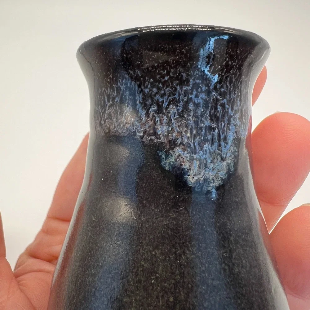 Black Pottery Bud Vase‎ with Swirls Slight Ombre Neck Artist Signed Minimalist